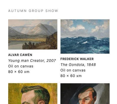 ArtPass catalogue grid for Autumn Group Show