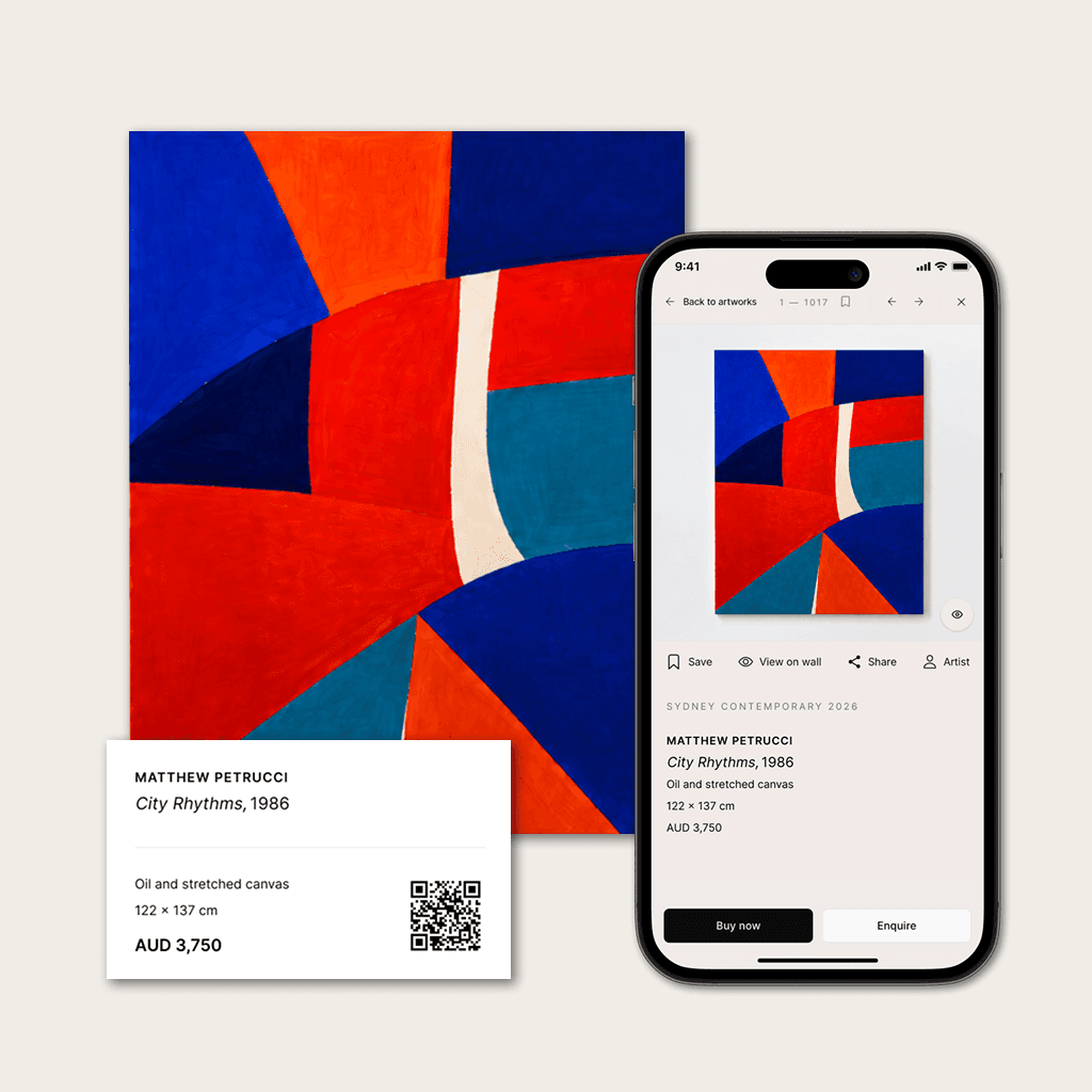 A framed artwork beside a phone showing the ArtPass catalogue with save, enquire, and reserve actions